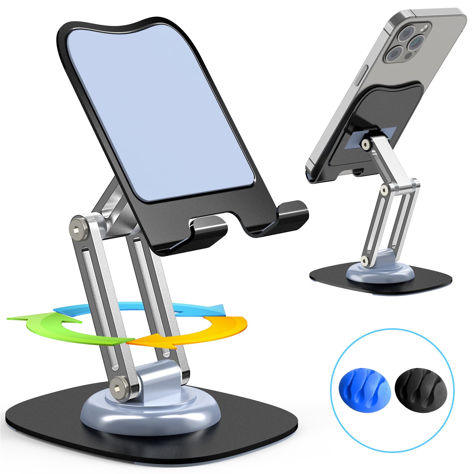 ZTGYGY Cell Phone Stand, Fully Adjustable Foldable Desktop Phone Holder, 360 Degree Rotating Desktop Phone Stand for Recording Compatible with iPhone 16 15 14 13 12 Pro Xs Max Xr All Phones, Blue