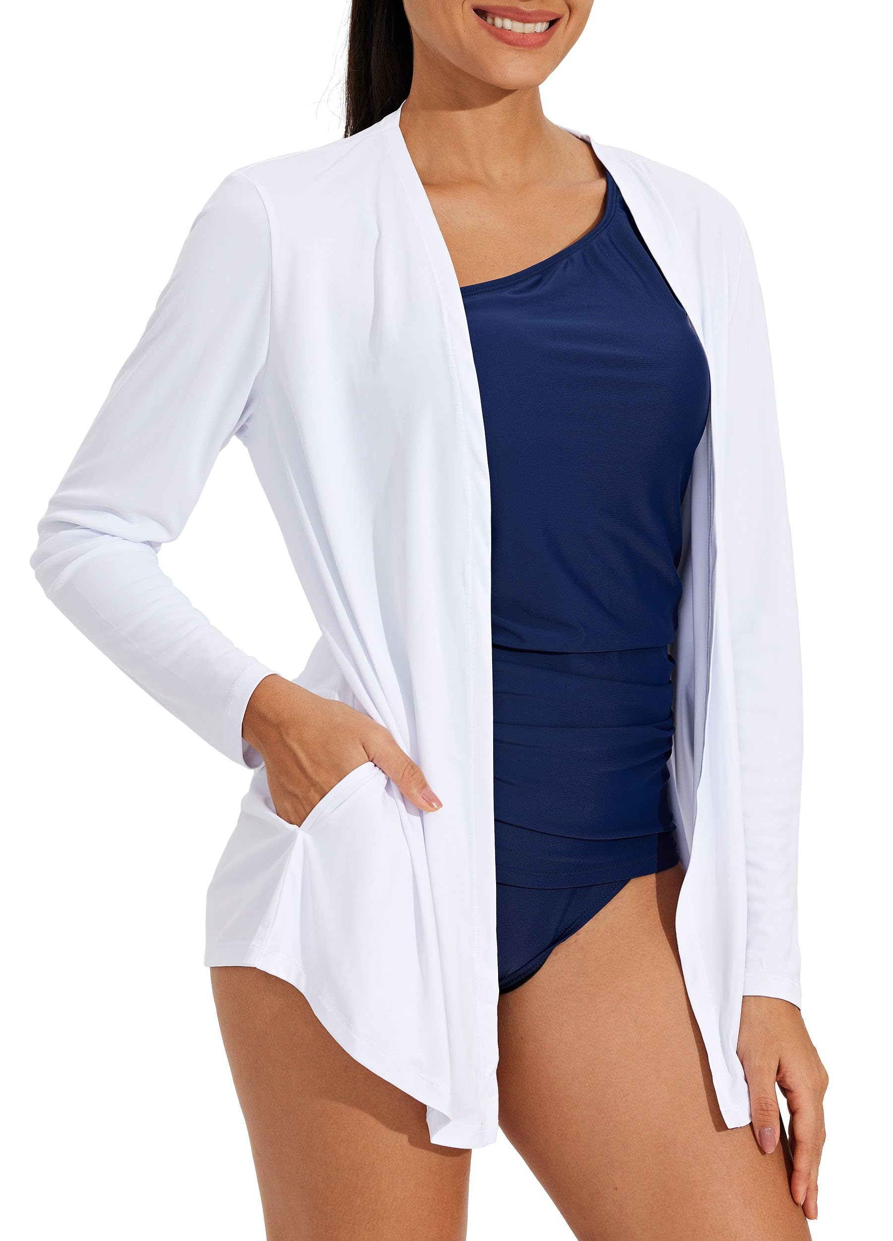 Photo 1 of Willit Women's UPF 50+ Cardigan Sun Shirts Long Sleeve Lightweight Sun Wrap with Pockets SPF UV Quick Dry White XXL