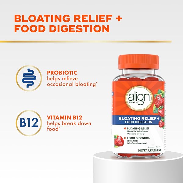 ALIGN PROBIOTIC, BLOATING RELIEF + FOOD DIGESTION, PROBIOTICS FOR WOMEN AND MEN, PROBIOTIC HELPS SOOTHE OCCASIONAL BLOATING*, WITH VITAMIN B12 TO HELP BREAK DOWN FOOD INTO CELLULAR ENERGY*,60 GUMMIES