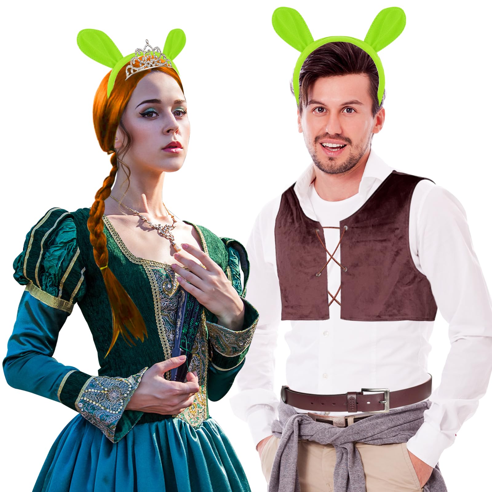 Photo 1 of 6 Pcs Halloween Monster Princess Costumes Accessories Include Green Man Vest Belt Headband Long Braided Wig with Crown for Adult Women Men Couple Halloween Character Cosplay Dress up Party Supplies