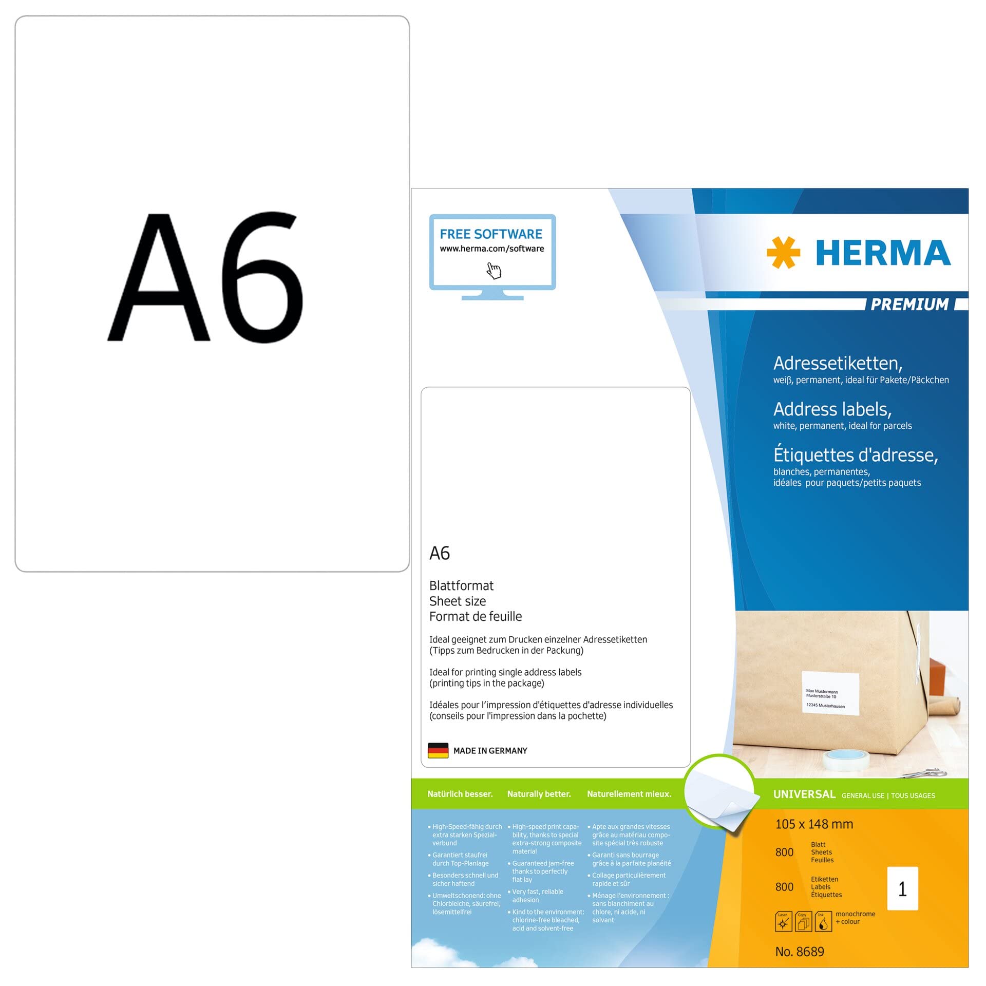HERMA Self Adhesive Parcel Shipping Labels, 1 Label Per A4 Sheet, 800 Labels For Laser And Inkjet Printers, 105 x 148 mm (8689), White
