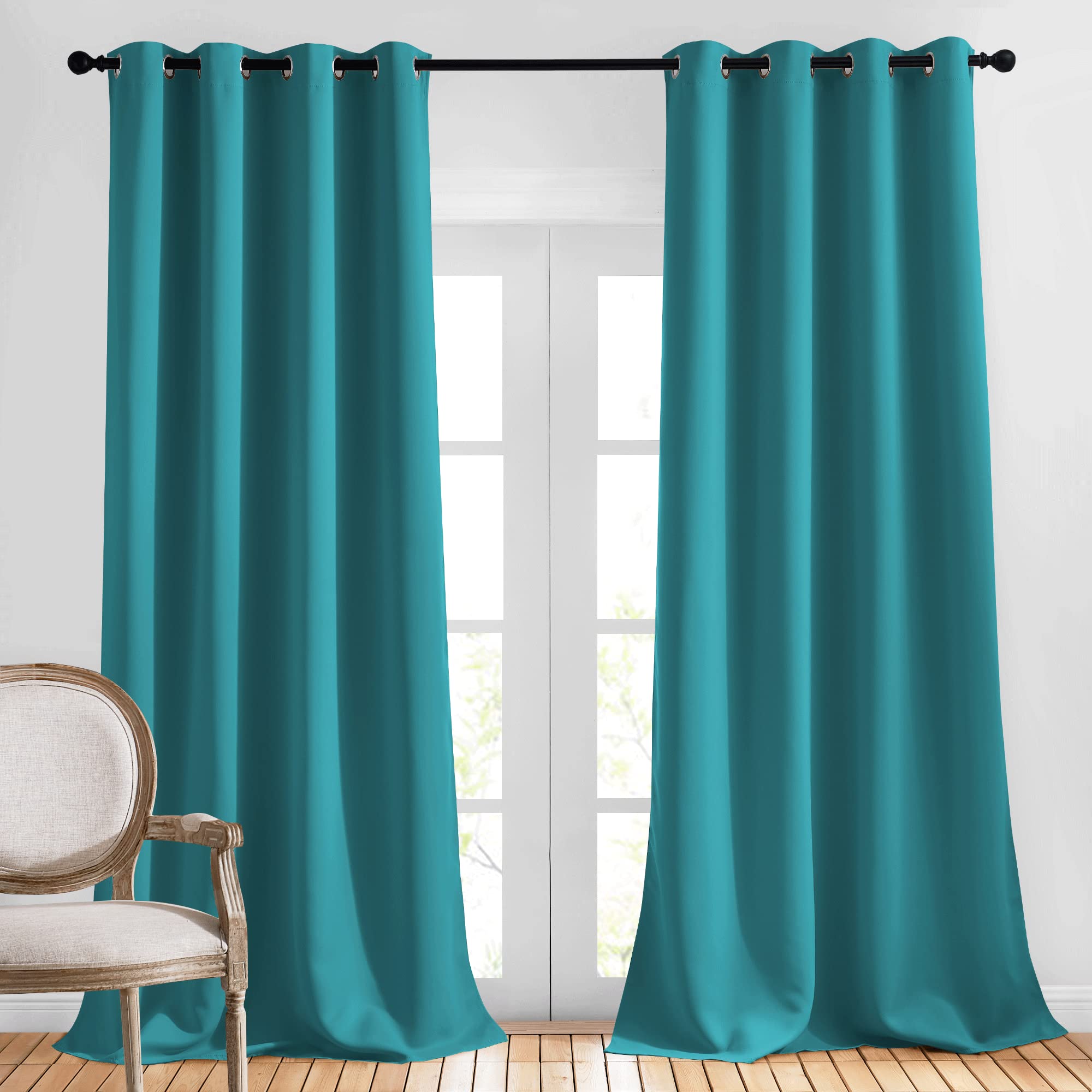 NICETOWN Blackout Curtains & Drapes Extra Long 120" - Grommet Room Darkening Thermal Insulated Solid Grommet Window Treatment for Hall/Villa, Peacock Teal, 2 Panels, 52" W by 120" L Image