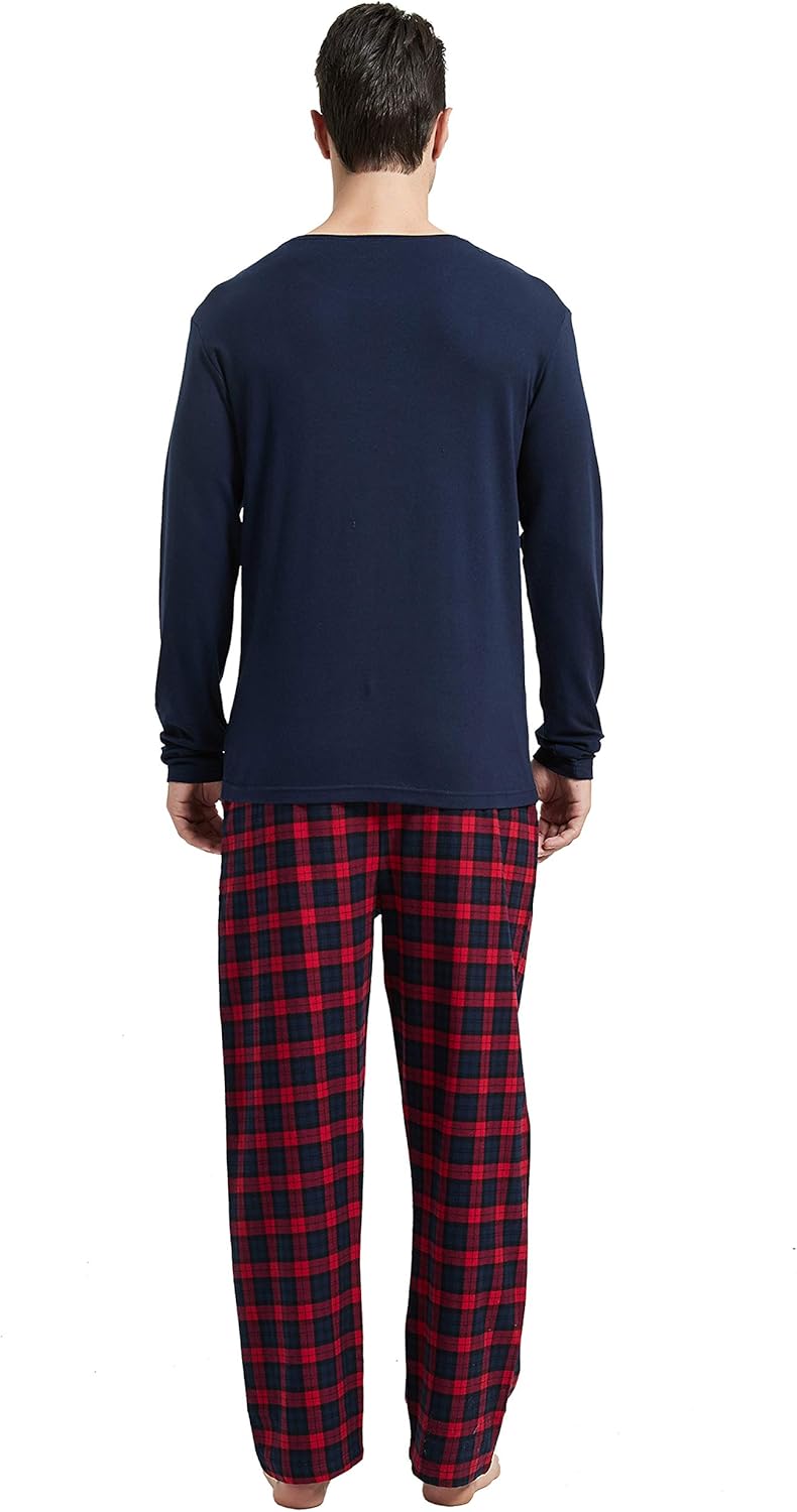 Amaxer Men's 100% Cotton Pajama Set Plaid Pants Crewneck Top Long Sleeve Pjs Soft Warm Lounge Set 2 Pcs Great Gift at  Men’s Clothing store