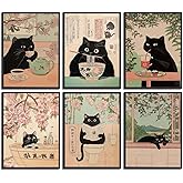 Set of 6 Funny Black Cat Wall Art Japanese Poster Print Whimsical Animal Painting Picture Eclectic Vintage Japan Artwork Wall Decor for Living Room Bathroom Bedroom Kitchen 8x10in Unframed