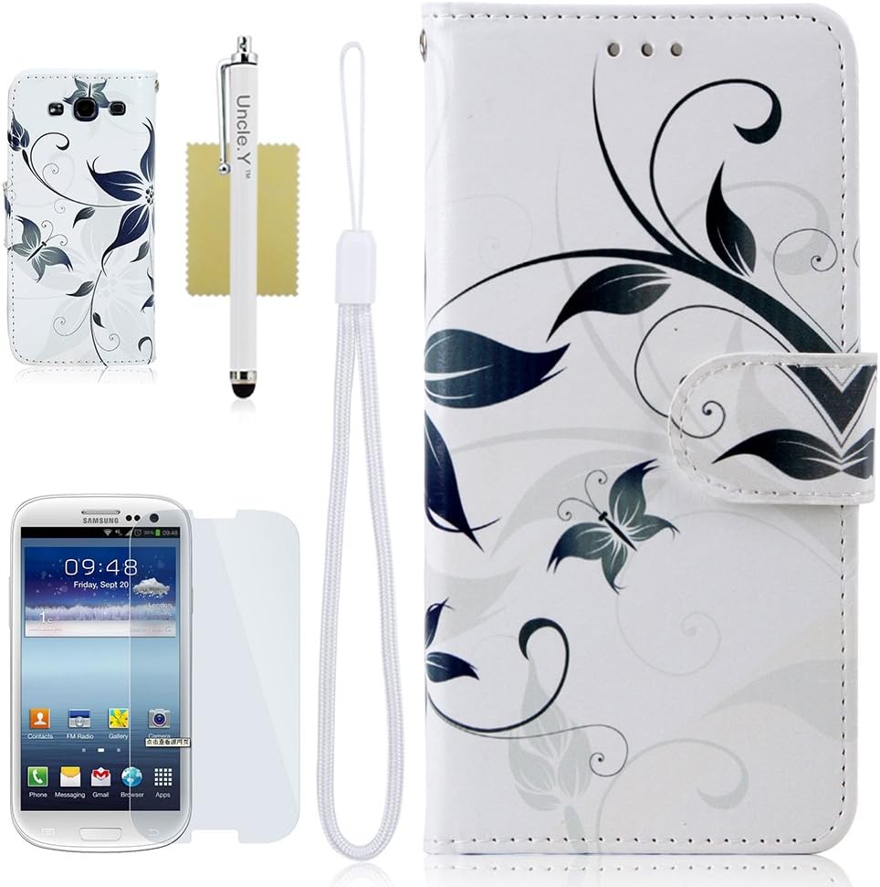 Galaxy S3 Case,S3 Case,@Uncle.Y Leather Wallet Case Stand Flip Case Fashion Design Pattern Protective Case for Samsung Galaxy S3 I9300 (White Flower)