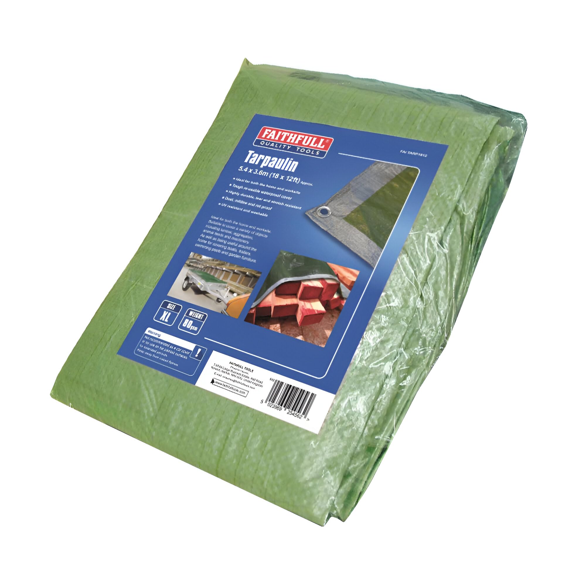 Faithfull FAITARP1812 5.4 x 3.6M (18 x 12ft) Waterproof Tarpaulin. Dual Colour: Green/Silver