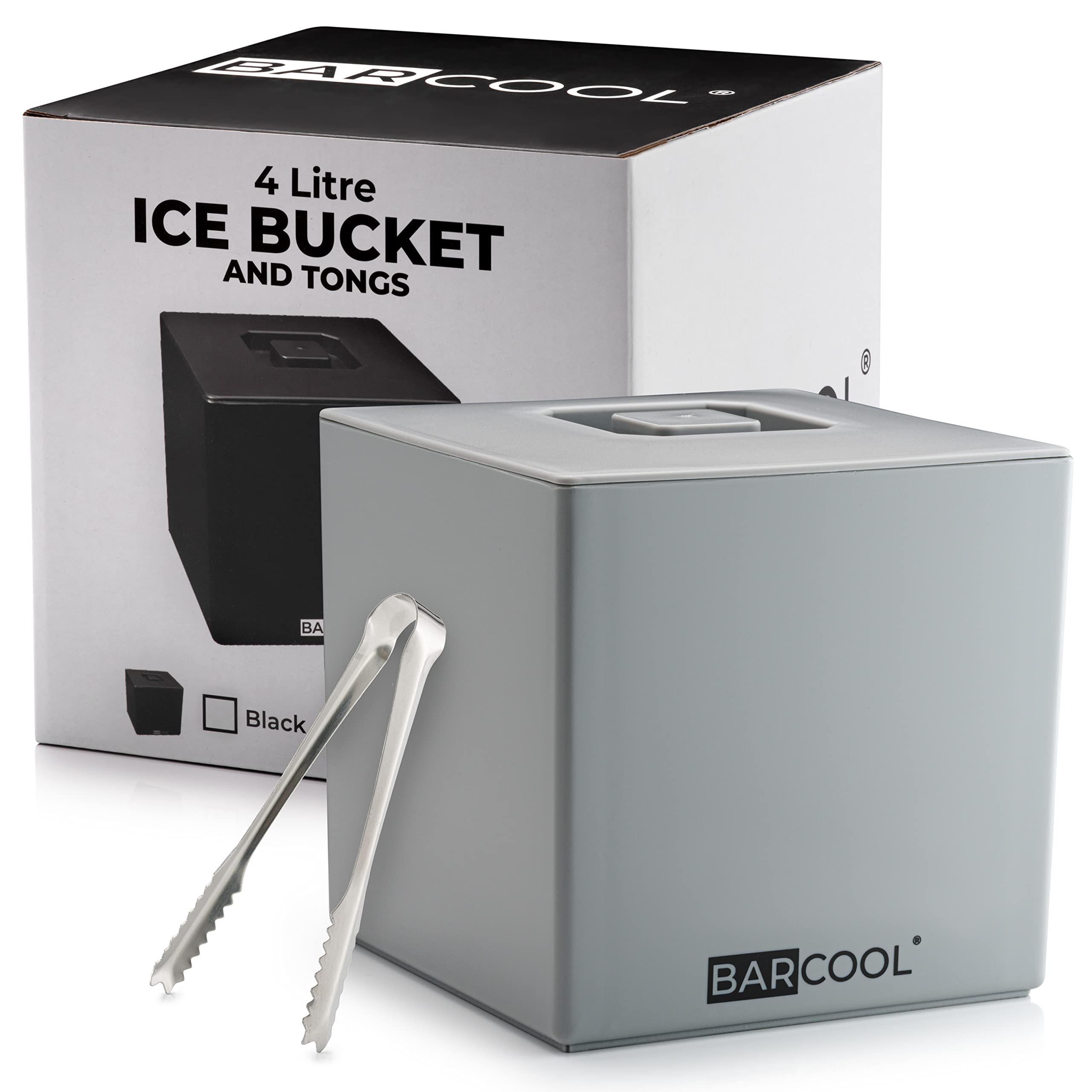 Barcool Ice Bucket with Lid and Ice Tongs | 4 Litre | Square & Double Walled Insulation | Perfect for Home Bars, Pubs, Restaurants, BBQs and Picnics (Grey)