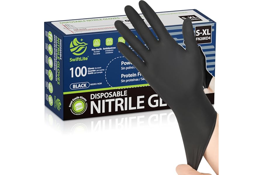 SWIFTLITE Black Nitrile Gloves, Food Safe Disposable Gloves Latex Free, Rubber Gloves Powder Free for Cooking, Kitchen Clean