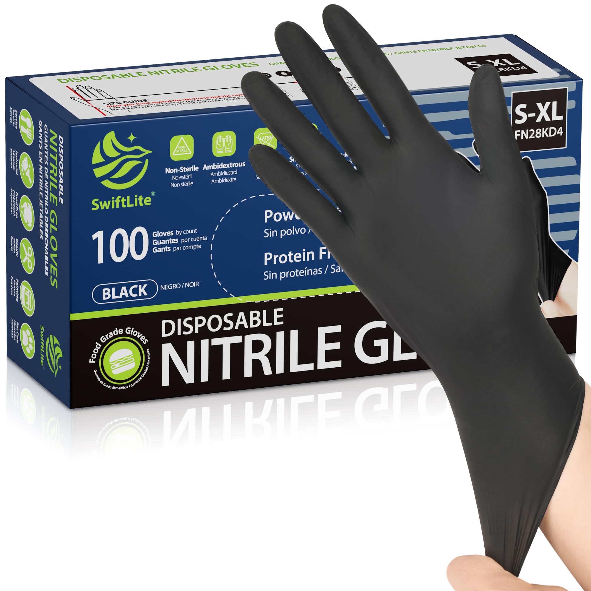 SWIFTLITE Black Nitrile Gloves Disposable Latex Free, Food Safe