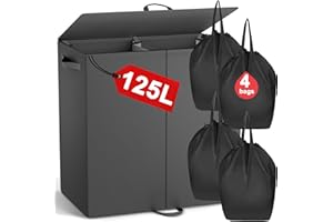 ATTMU Double Laundry Hamper with Lid and 4 Removable Laundry Bags, Collapsible Laundry Hamper 2 Section Dirty Clothes Hamper with Handles for Laundry, Bedroom, Bathroom, Dorm, Black