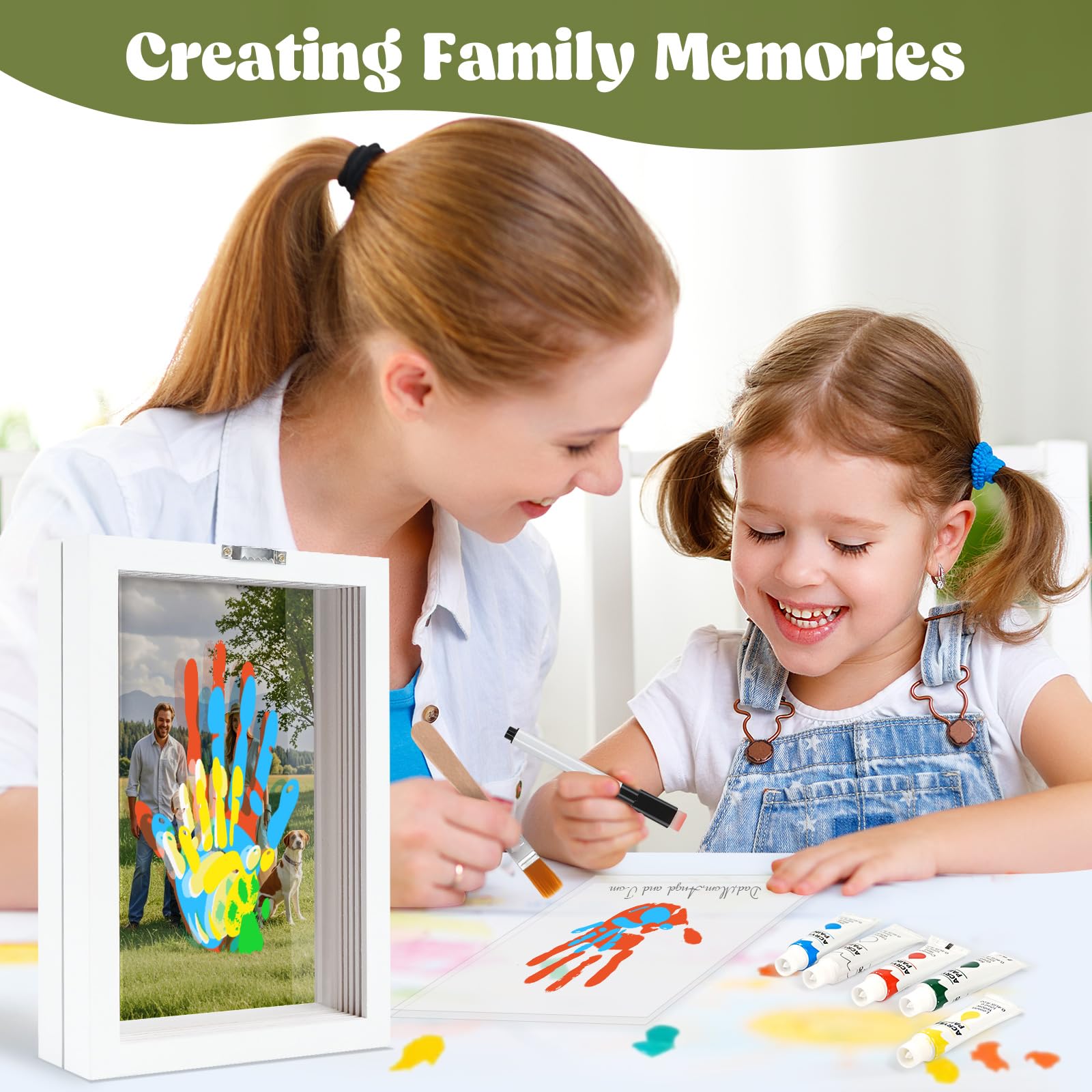 Family Handprint Kit, DIY Baby Hand and Footprint Handmade Keepsake Wooden Frame, Family Gifts with 5 Non-Toxic Baby-Safe Paint, Ideas Gift for New Parents, Grandparents, Father's Day, Mother's Day