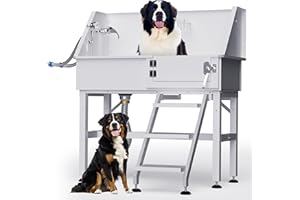 LNEUIE Dog Washing Station for Home, 38" Professional Stainless Steel Dog Bathing Station, Dog Grooming Tub for Home, Equipped with Three Anti-Slip Steps, Removable Door, Pet Wash Station for Pet