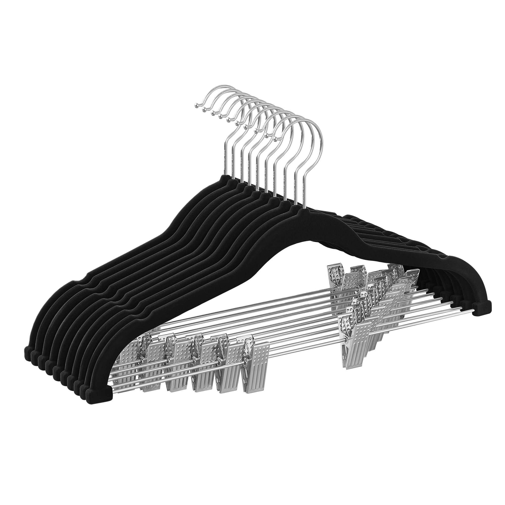 SONGMICS Trouser Hangers, Set of 10 Velvet Hangers with Adjustable Clips, 42.5 cm Long, Non-Slip, Space-Saving, for Skirts, Coats, Dresses, Black CRF012B10