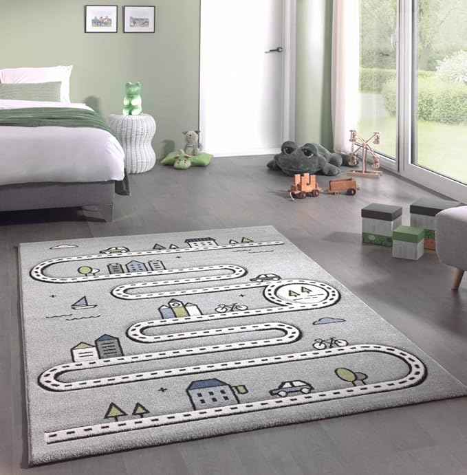 Merinos Kinderteppich Straßenteppich Lernteppich Junge mit Straßen und Häusern in Grau Größe 80x150 cm