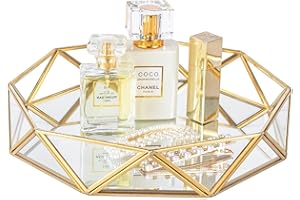 Feyarl Gold Glass Perfume Tray Mirror Vanity Jewelry Trinket Organizer Tray Ornate Cosmetic Makeup Display Decorative Coffee Table Tray for Wedding Home Decor Dresser Tabletop Countertop (9.5inch)