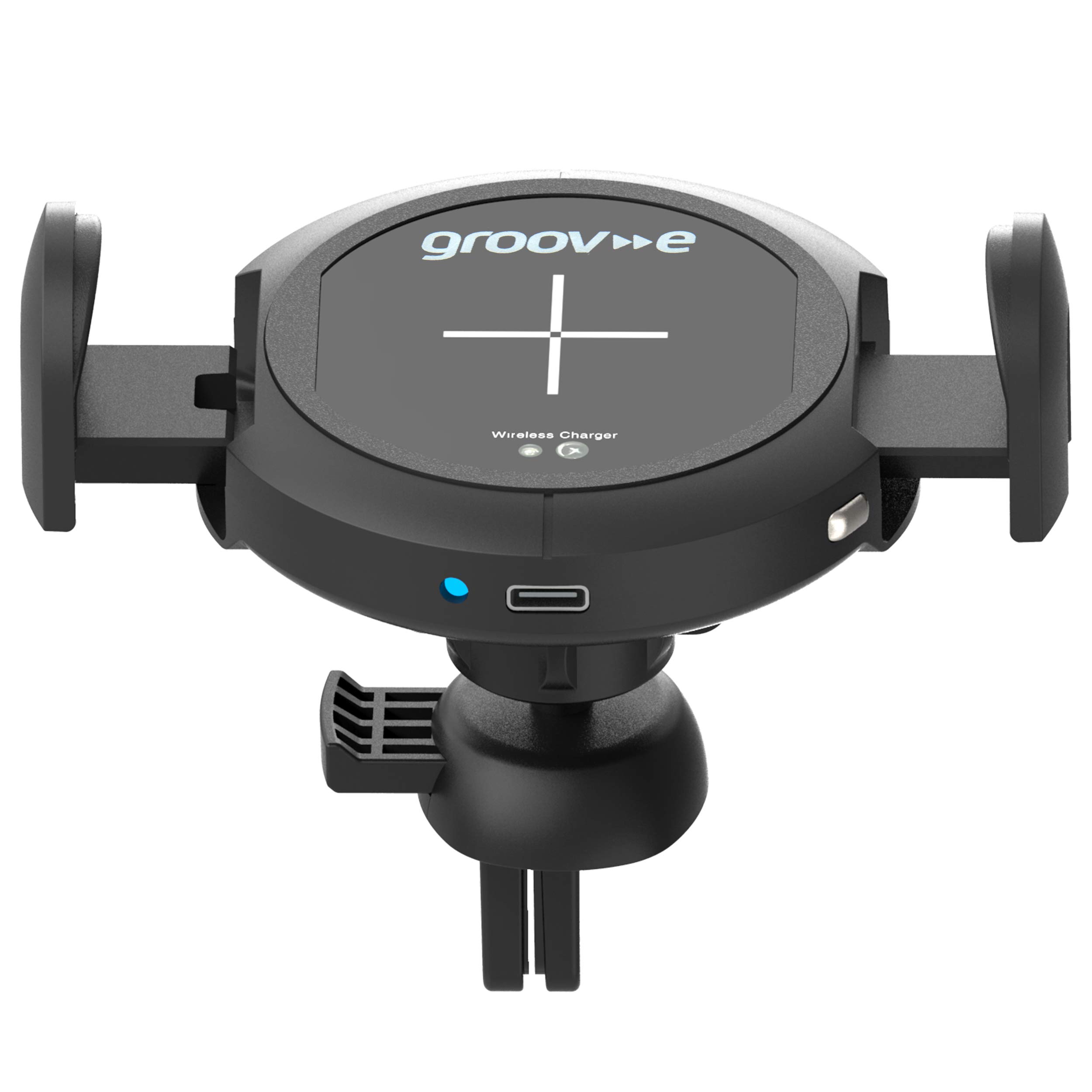 groov e Wireless Auto Grip Car Mount - Phone Holder with 10W Wireless Charging for Qi Enabled Devices, 360 Degree Rotation, & Infrared Auto Gripping - Window & Air Vent Mounting - Type-C USB Operated