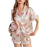 OYOANGLE Women's Satin Pajama Set Short Sleeve Sleepwear Floral Button Down Shirt Shorts Pjs Sets