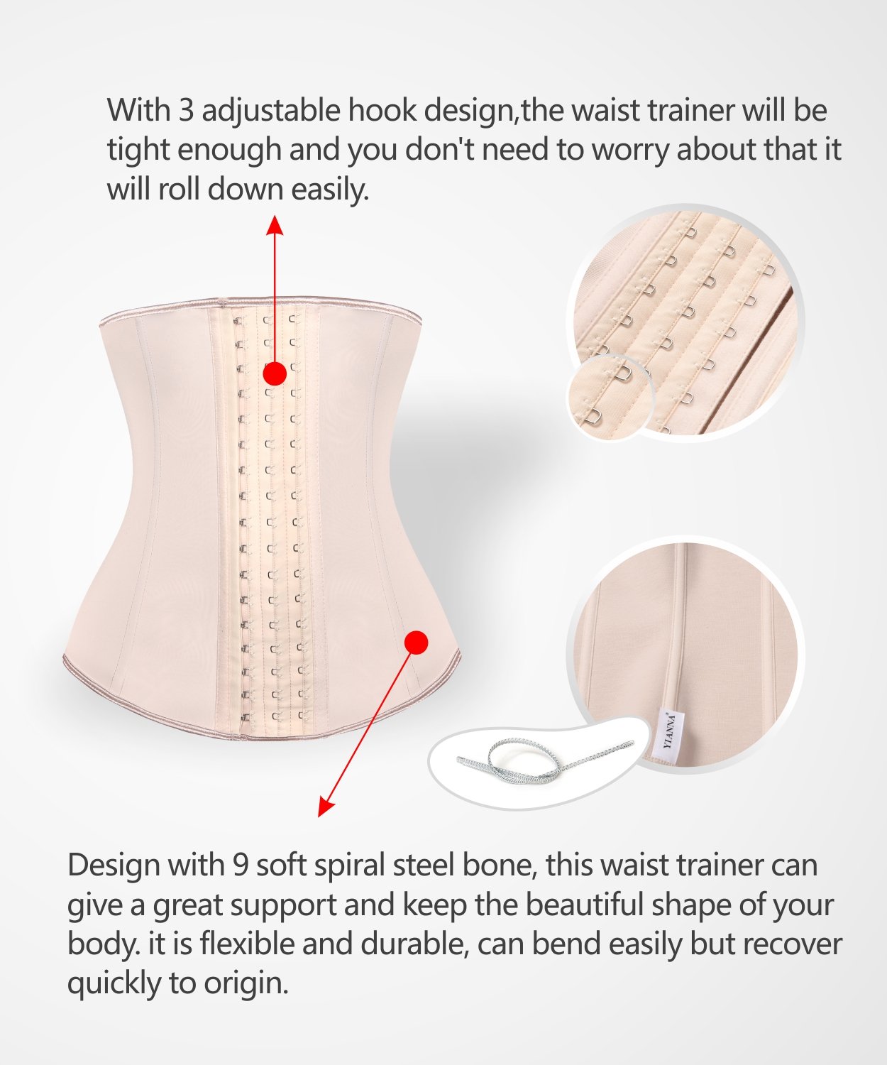YIANNA Women\'s Latex Sports Waist Trainer Long Torso Waist Cincher 3 Hook Rows, Size L (Beige)