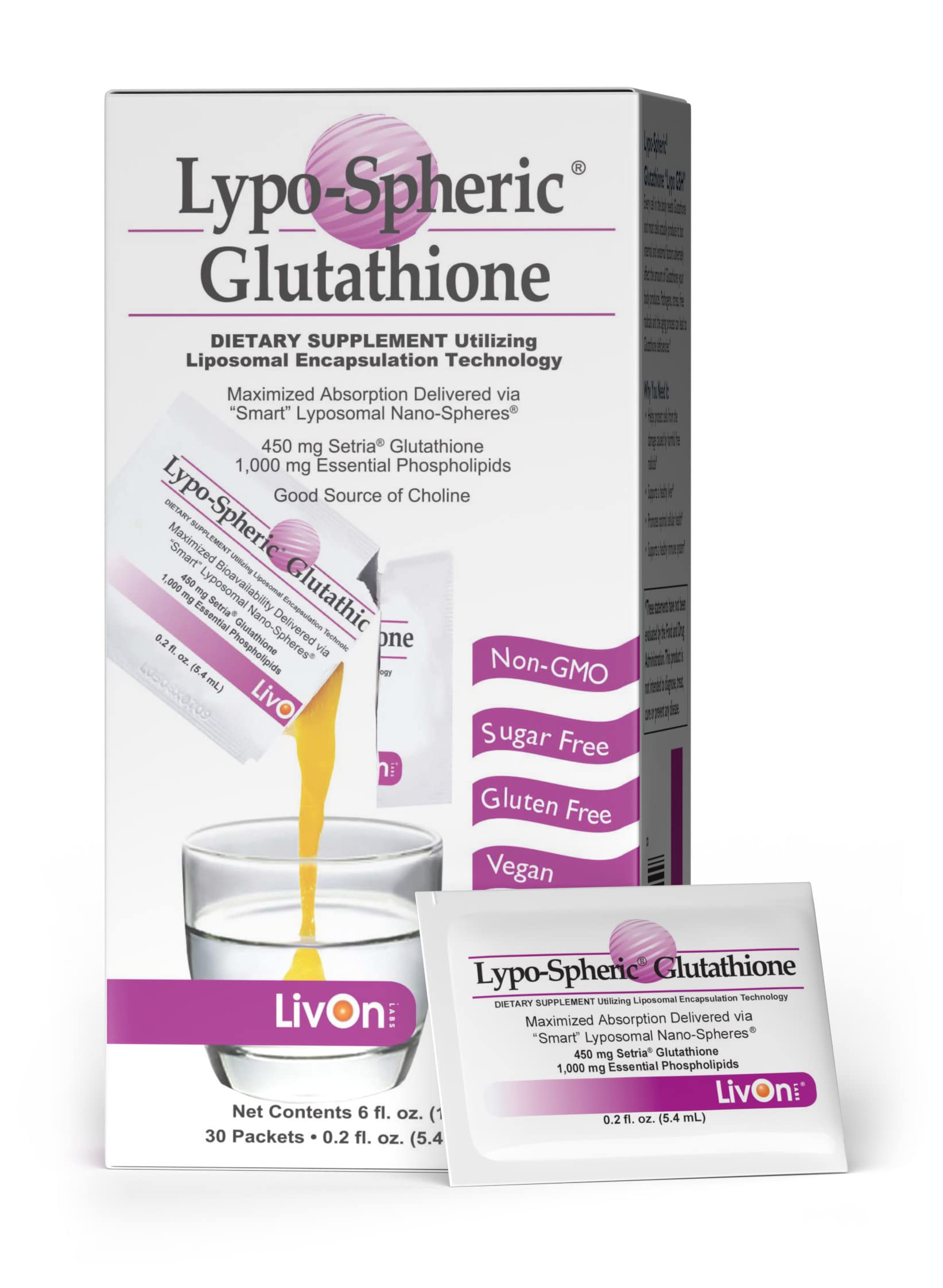 LivOn Lypo-Spheric Glutathione 450mg 30 Packets Non-GMO Max Absorption