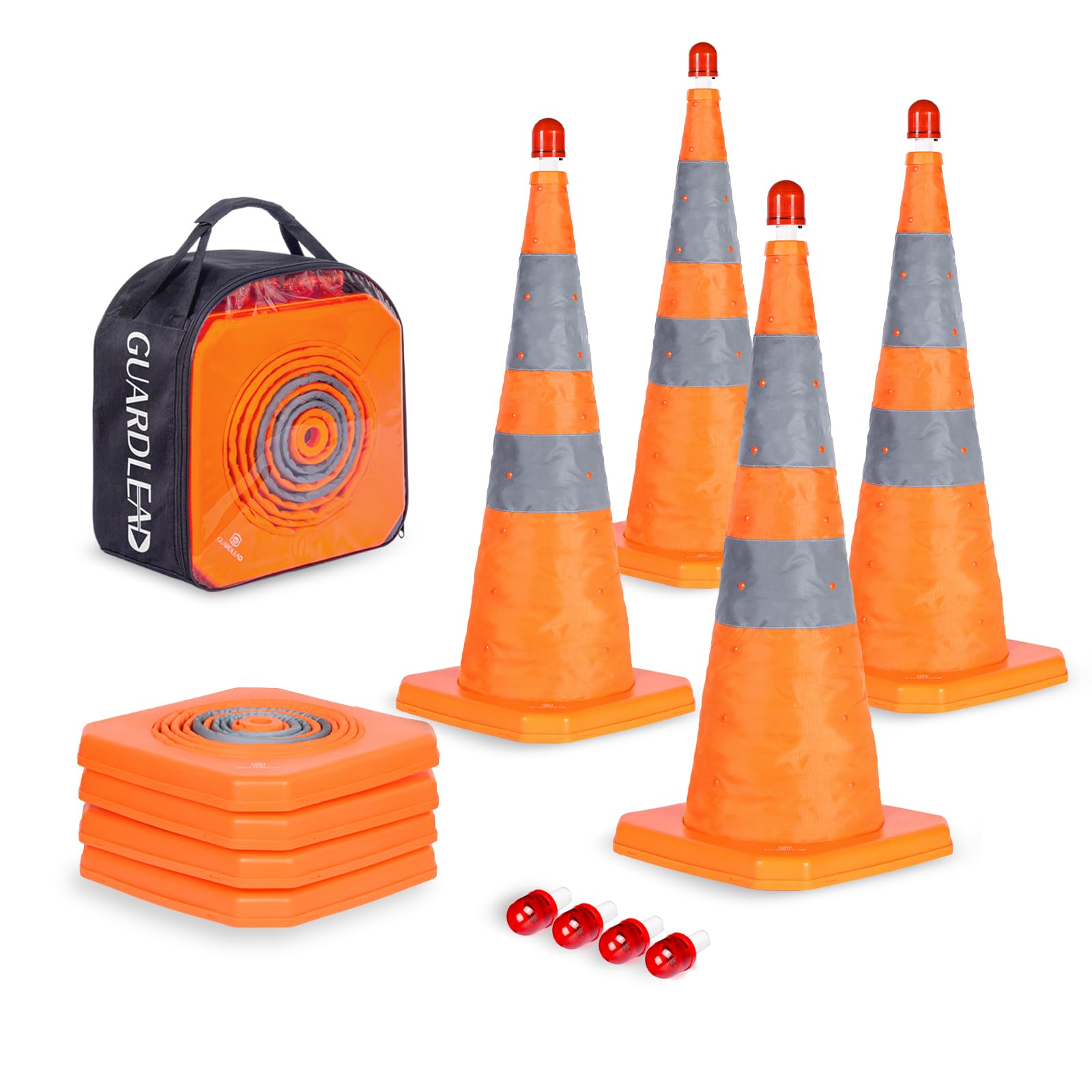 Photo 1 of 4 Pack 28 inch Collapsible Traffic Cones with LED Light, Safety Cones with Reflective Collars, Multi Purpose Pop Up Extendable Road Safety Cone by GUARDLEAD