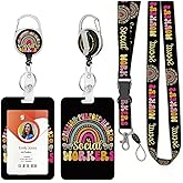 Colorful Groovy Rainbow Lanyards for ID Badges Retractable Social Worker ID Badge Holder with Detachable Lanyard Fashionable Badge Reel Heavy Duty with Rotate Carabiner Clip for Nurse Office Teacher