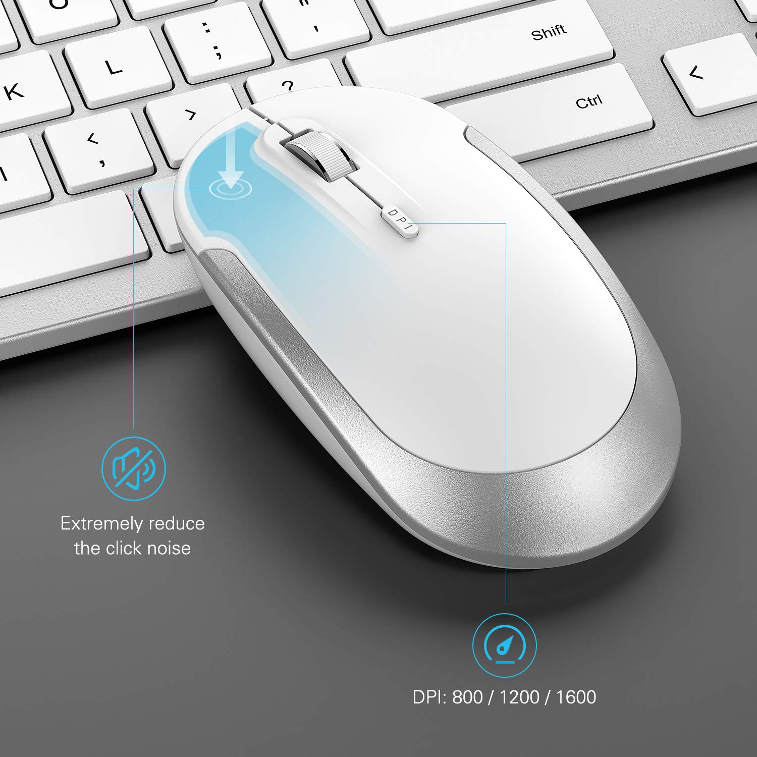 Wireless Keyboard and Mouse Combo - Full Size Slim Thin Wireless Keyboard Mouse with Numeric Keypad with On/Off Switch on Both Keyboard and Mouse - White & Silver