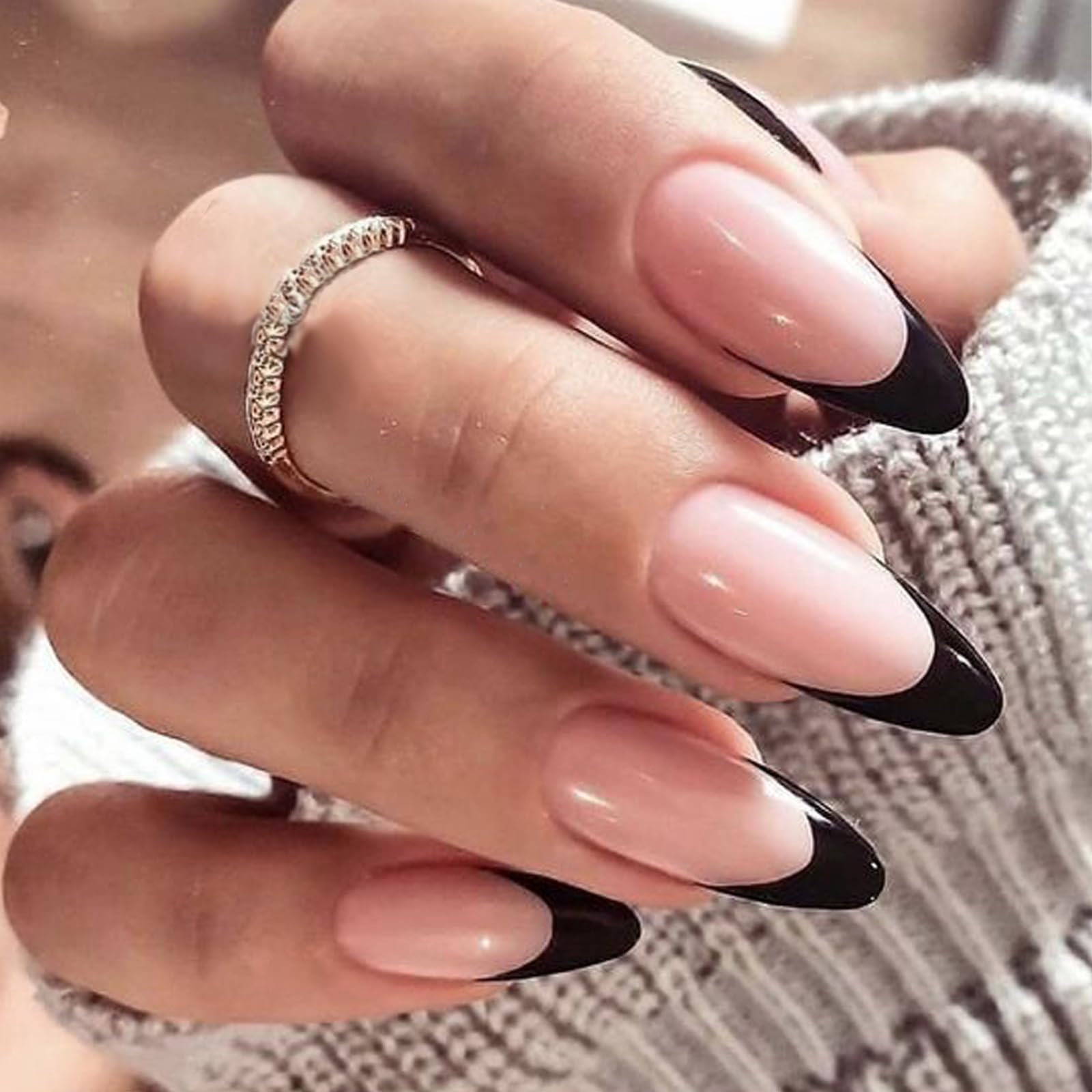 GLAMERMAID Press on Nails Medium Almond, Spring Summer Black French Tip Gel Glue on Nail, 24Pcs Glossy Short Stiletto Reusable UV Finish Fake Nails Acrylic False Nails Manicure Kits for Women