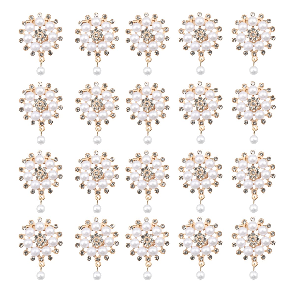 Jagowa 20 Pcs Rhinestone Pearl Embellishments Pearls Flower Fashion Advanced Round Brooches Accessories Decoration for Clothes Bags Gifts (Gold)