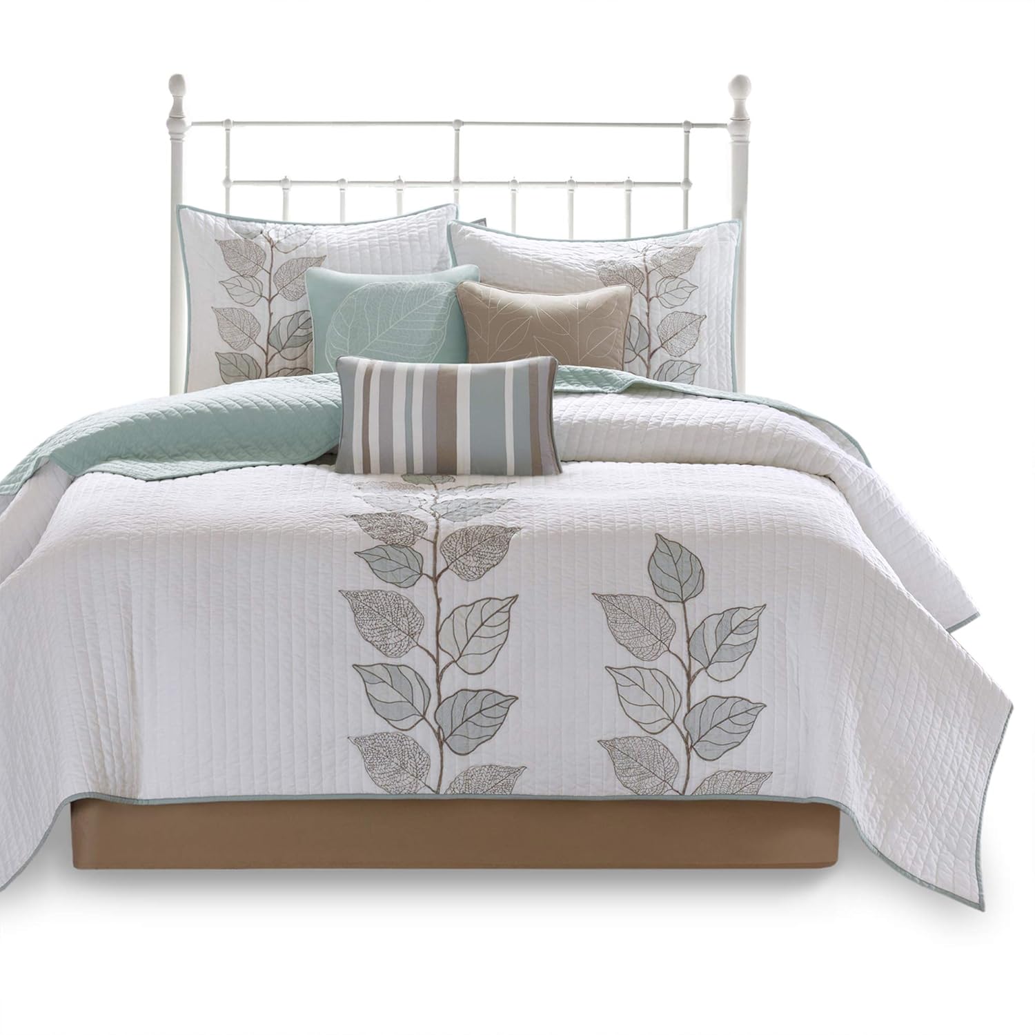 White Leaf Embroidery Ultra Soft Microfiber Bed Quilts Quilted Coverlet Madison Park Caelie Queen Size Quilt Bedding Set 6 Piece Bedding Quilt Coverlets Yellow Bedding Sets Collections Home Kitchen