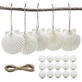 Perfeso.L Natural Seashells for Crafting–15PCS Christmas Tree Hanging Ornaments, 3"-4" Perforation Scallop Sea Shells Bulk DIY Crafts with Twine, Home Decor Beach Coastal Party Wedding Decoration