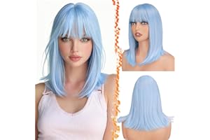 BARSDAR Light Blue Bob Wigs - Short Blue Wig With Bangs for Women - 14 Inch Short Bob Wig With Bangs Natural Looking Soft Syn
