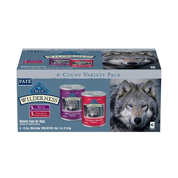 BLUE BUFFALO WILDERNESS HIGH PROTEIN BEEF AND CHICKEN & SALMON AND CHICKEN WET DOG FOOD VARIETY PACK FOR ADULT DOGS, GRAIN-FREE, 12.5 OZ CANS (6 PACK)