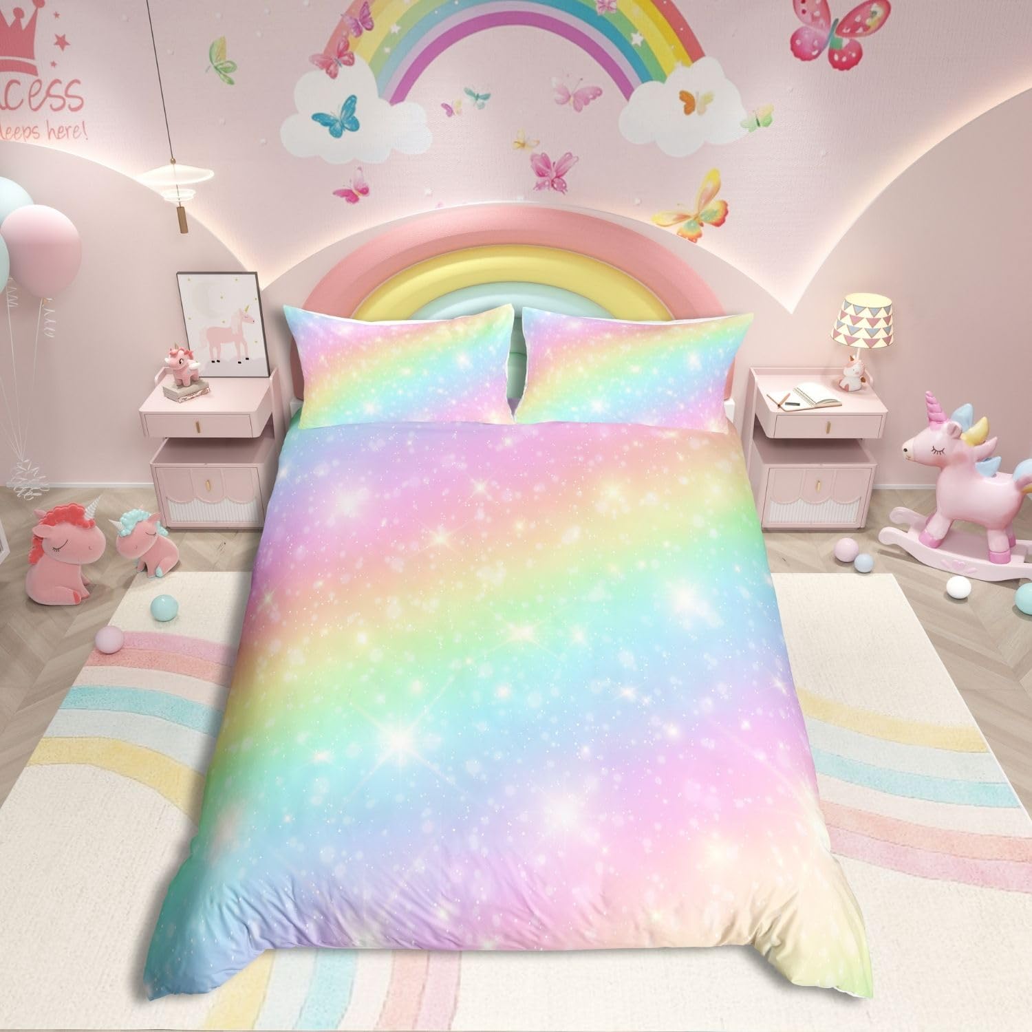 Homewish Rainbow Duvet Cover For Kids Girls Teens Tie Dye Pastel Bedding Set King Size Golden Glitter Girly Sweet Comforter Cover Abstract Watercolor Art Bedspread Cover Bedroom Decor 3 Piece — image 1