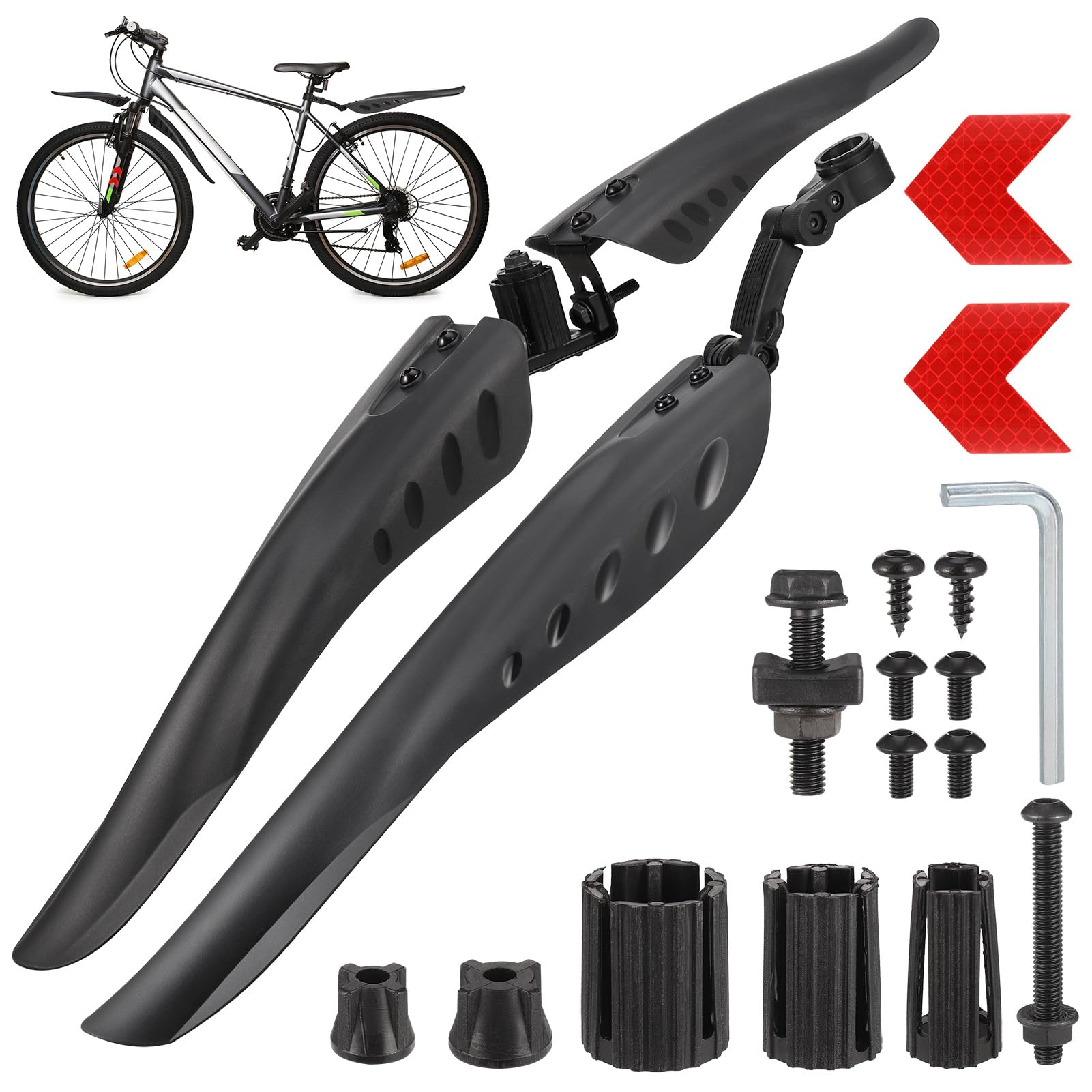 Hejo Bike Mudguards Set, Universal Mudguards for 24-29 inch Bikes with 2 Red Arrow Reflective Stickers, Adjustable Mudguards Mountain bike for Most of Popular Mountain Road Bicycles