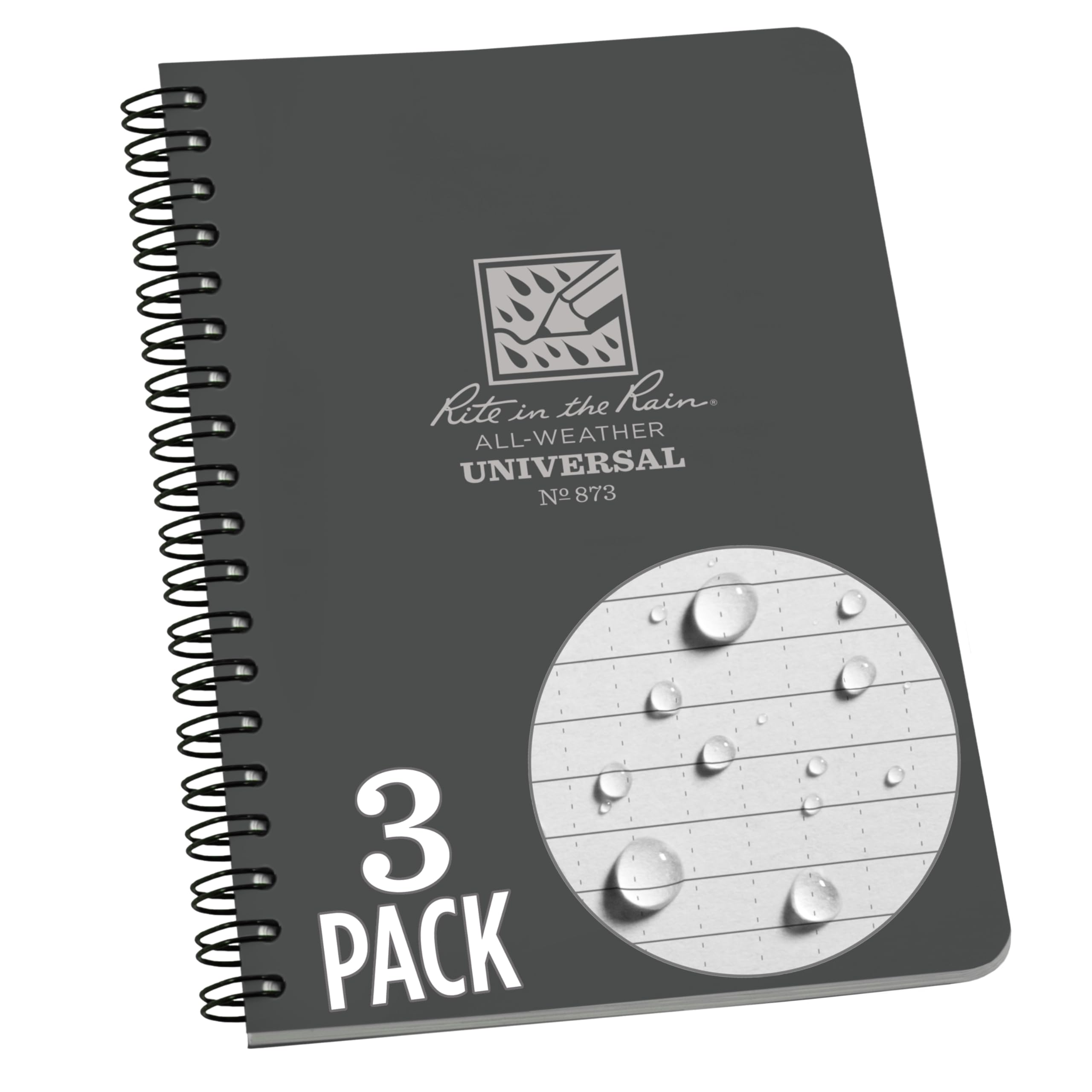 Rite in the Rain Weatherproof Side Spiral Notebook, 4.625" x 7", Gray Cover, Universal Pattern, 3 Pack (No. 873L3) — image 1