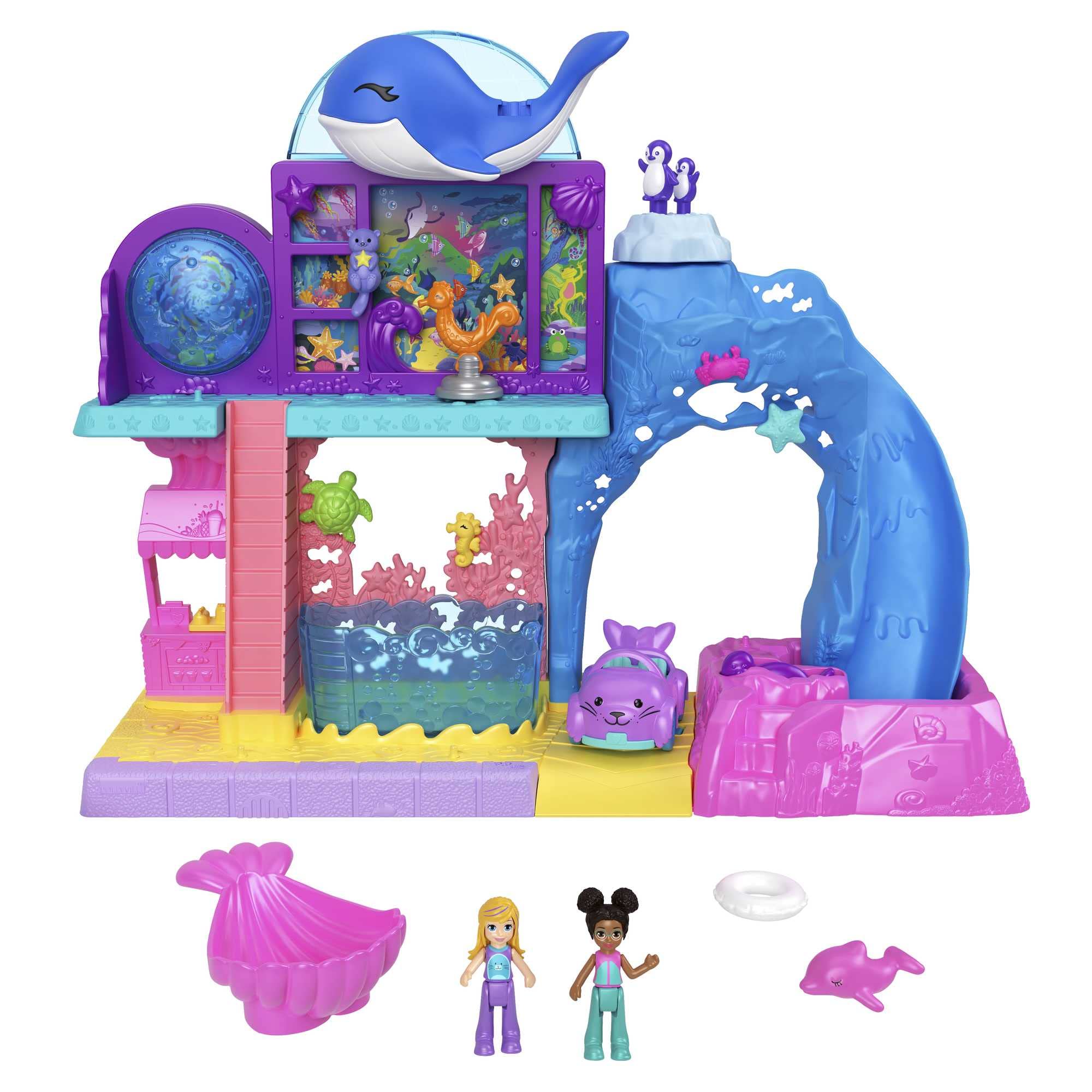 Polly Pocket Pollyville Aquarium Starring Shani Playset with 2 Dolls, Toy Car, and 11 Accessories Including 8 Sea Animals, Toy with Water Play​, HKW15