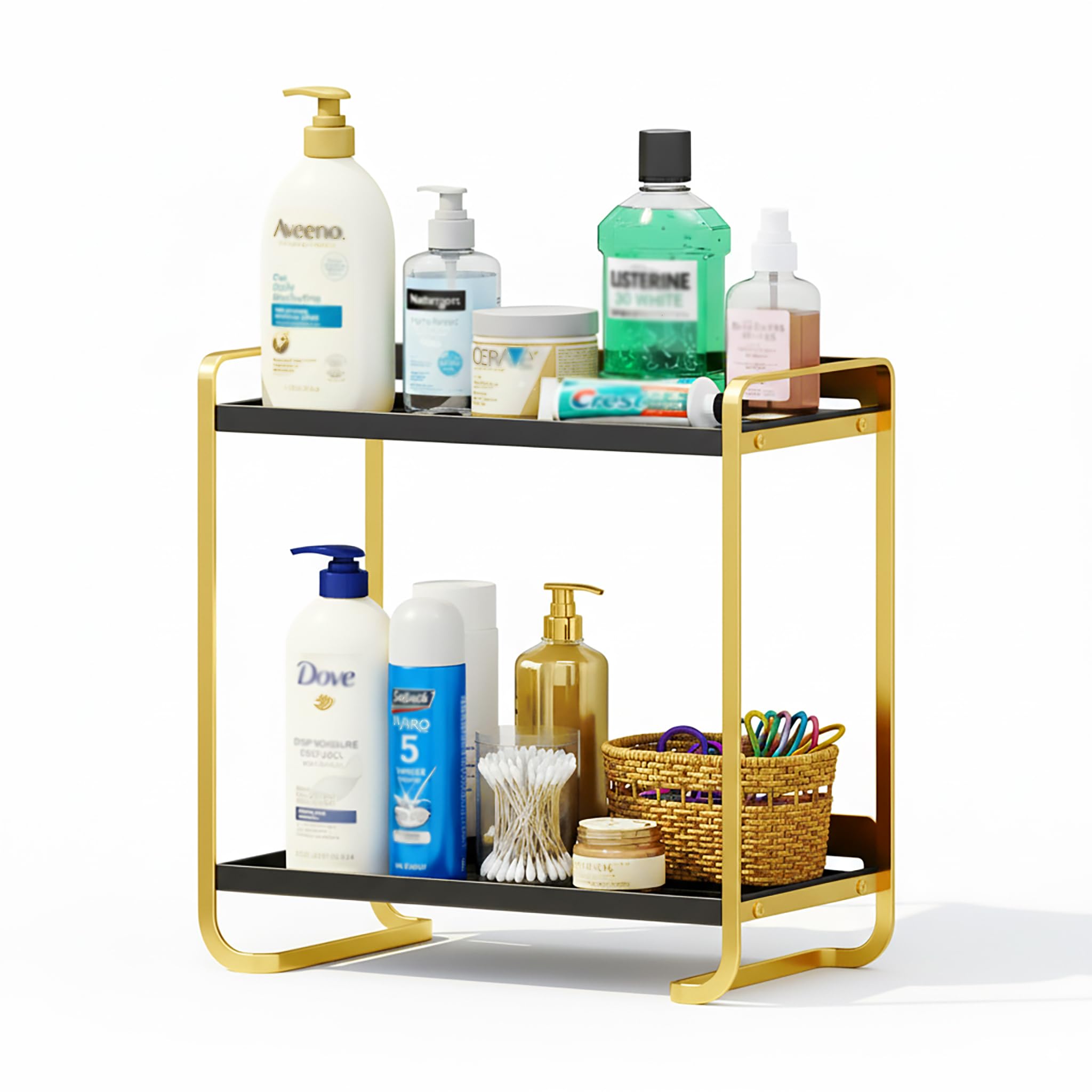 Photo 1 of 2-Tier Black and Gold Carbon Steel Bathroom Counter Organizer - Skincare Cosmetic Display Tray for Perfume, Makeup, Bathroom, and Vanity Storage - Modern Countertop Organizer and Vanity Decor