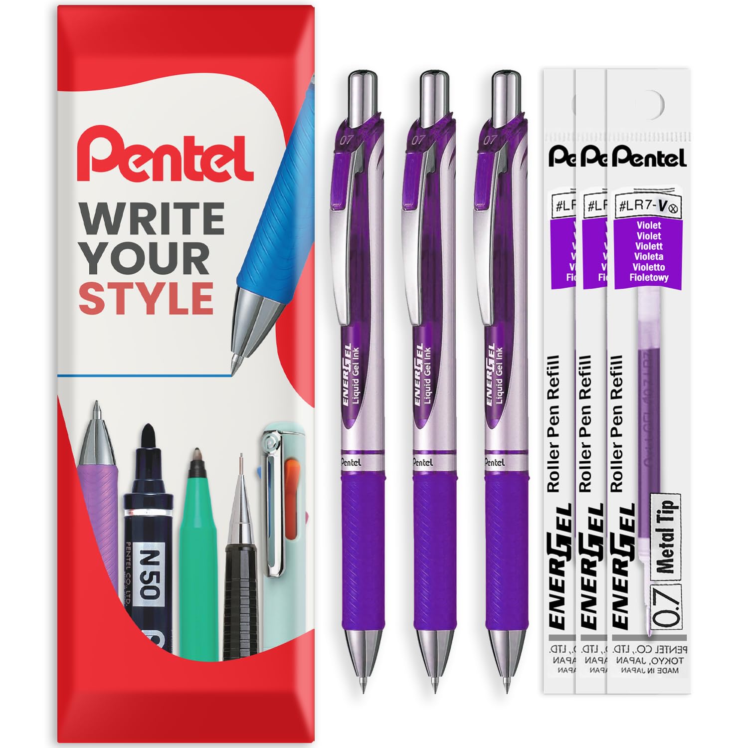 Pentel EnerGel XM BL77 - Retractable Liquid Gel Ink Pen - 0.7mm - 54% Recycled - In Envelope Gift Packaging - Pack of 3 Pens + 3 Refills (Violet)