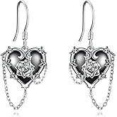Witches Heart Earrings for Women Sterling Silver Black Heart Earrings Skull/Dragonfly/Rose/Snake/Mustard Seed/Filigree Jewelry Witchy Gifts for Women