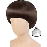 ANOGOL Hair Cap + Short Dark Brown Bowl Cut Wig Brown Mushroom Wigs with Bangs for Men Women Disco Funny 60s Wigs for Movie Halloween Cosplay Costume Party