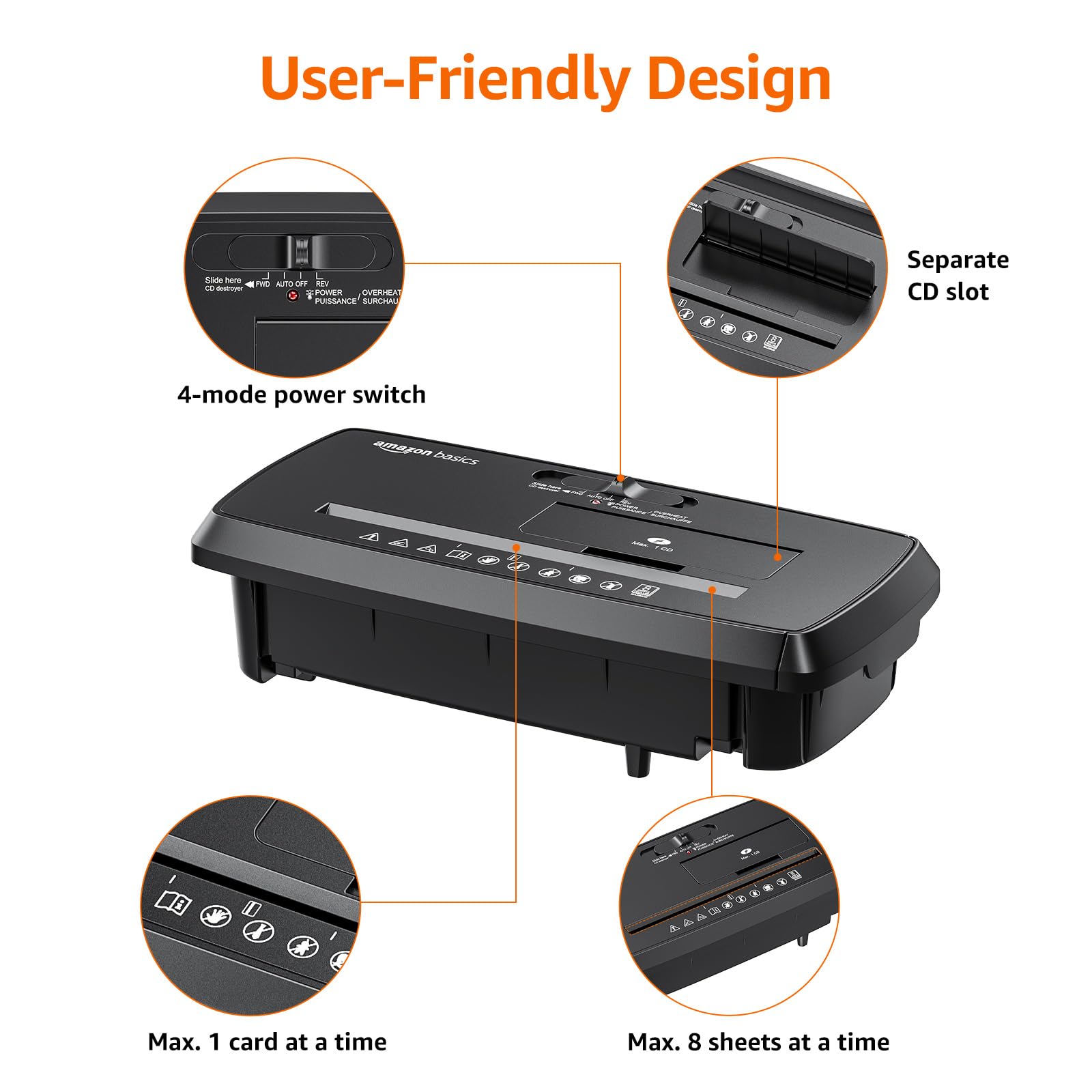 Amazon Basics 8-Sheet Strip Cut Paper, CD, and Credit Card Shredder with Auto-Off Compact, Portable Design, No Basket, Extendable Arm, Black