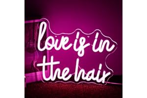 Alkkign “Love is in the Hair” Neon Sign Dimmable Pink Letter Neon Signs Salon Hair Salon Sign Word LED Neon Light Sign Powered USB for Barbers, Beauty Salons Decor for Beauty Shop
