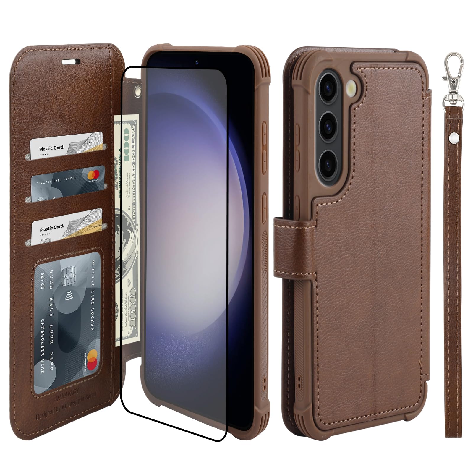 VANAVAGY Compatible for Galaxy S23 Wallet Case, 12ft Drop Protection, RFID Blocking PU Leather Flip Cover, Card Holder & Kickstand, Shockproof Phone Case for S23-6.1 Inch，Brown