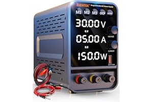 Eventek DC Power Supply, 30V/5A Variable Power Supply with Encoder Adjustment Knob, Memory Switching Bench Power Supply with 4-Digits LED Display, 5V/3.6A USB Output & Banana Plug Lead