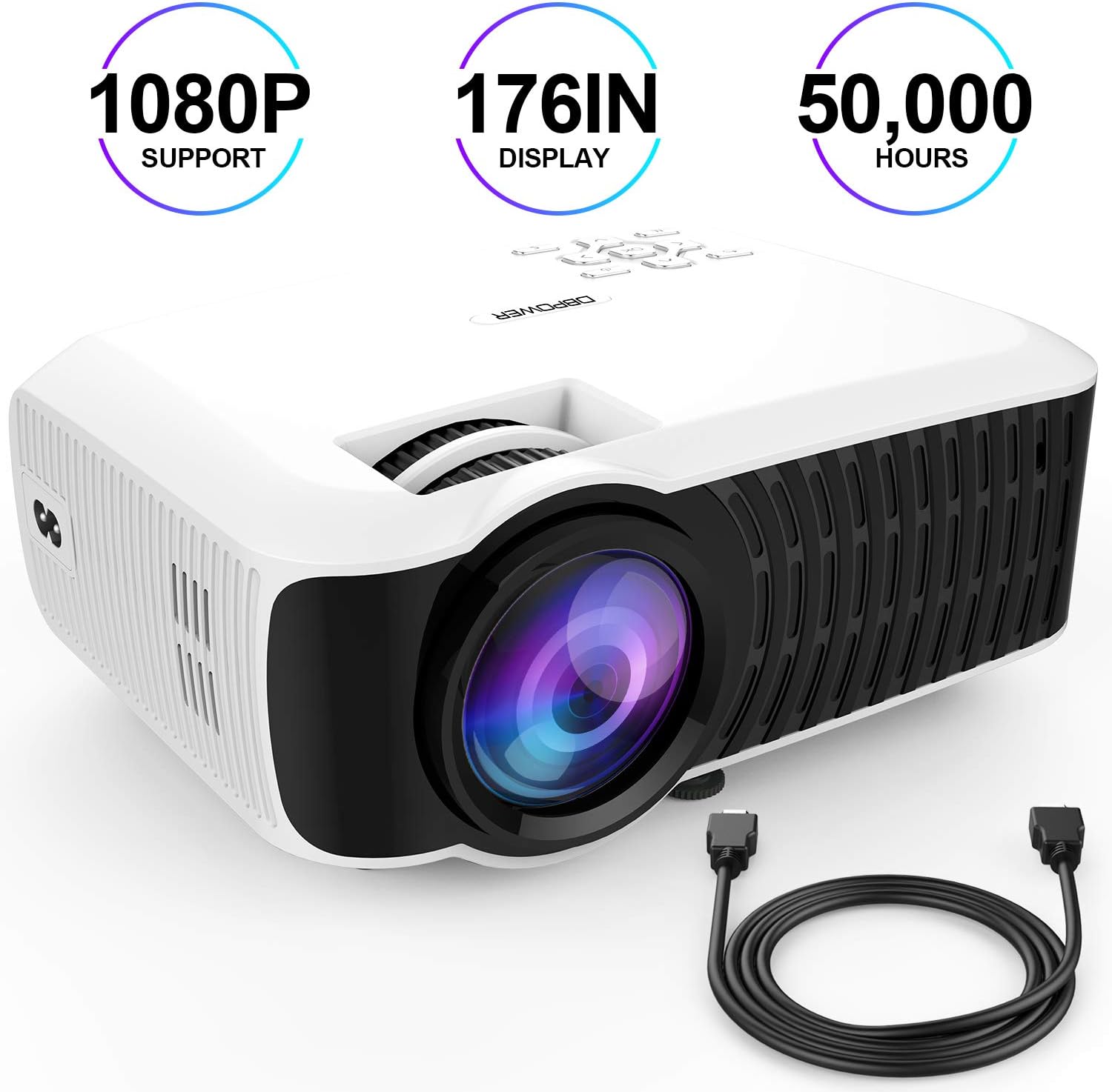 Movie Projector, DBPOWER 2019 Newest 2400 Lumens LCD Video Projector Free HDMI 176" Display 50,000 Hours LED Portable Projector Support 1080P, Compatible with AV, USB, SD