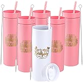 Willinglong 6 Pcs Birthday Party Tumblers 16 oz Birthday Squad Skinny Tumbler with Lid and Straw Double Wall Plastic Tumblers for 20th 30th 40th 50th 60th Birthday Party Favor for Women(Pink)