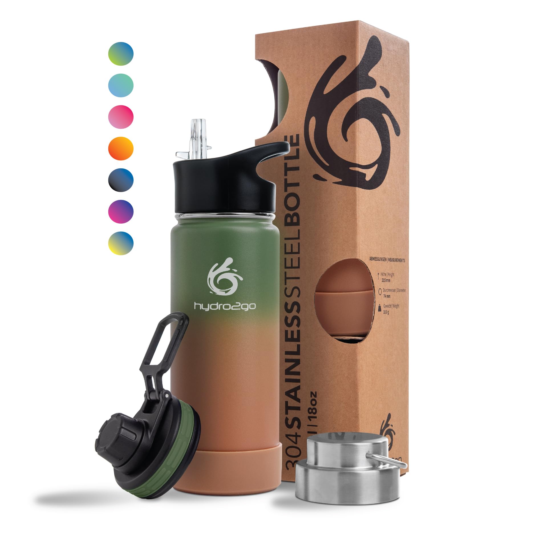 hydro2go Stainless Steel Water Bottle 530ml – BPA-Free Flask for Kids, School & Sports – Keeps Drinks Hot 12H, Cold 24H – 3 Caps Included (Forest)