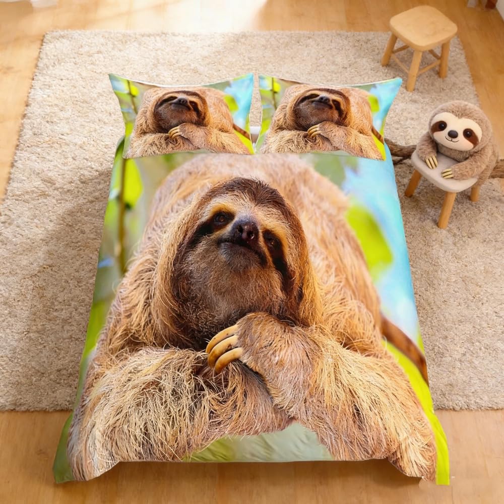Loussiesd Sloth Comforter Cover Cute Animal Pattern Bedding Set 3D Brown Sloth Printed Duvet Cover for Children Kids Wild Animal Theme Bedspread Cover Room Decor Bedclothes Double Size