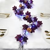 Halloween Garland with Lights 6FT Lighted Black Garland Purple LED Lights | Battery Operated with Pumpkins Glitter Roses Berries Maple Leaves, 8 Modes Auto Timer for Table Fireplace Indoor Outdoor