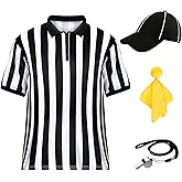 Men's Referee Costume Kit,Referee Shirt Stripe Umpire Jersey,Hat,Stainless Steel Whistle with Lanyard,Penalty Flag for Football Soccer Sports and Halloween Cosplay Outfits
